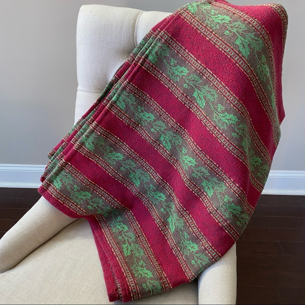 Rectangular Vintage Tablecloth Red, Green + Gold Metallic Striped Holiday/Xmas